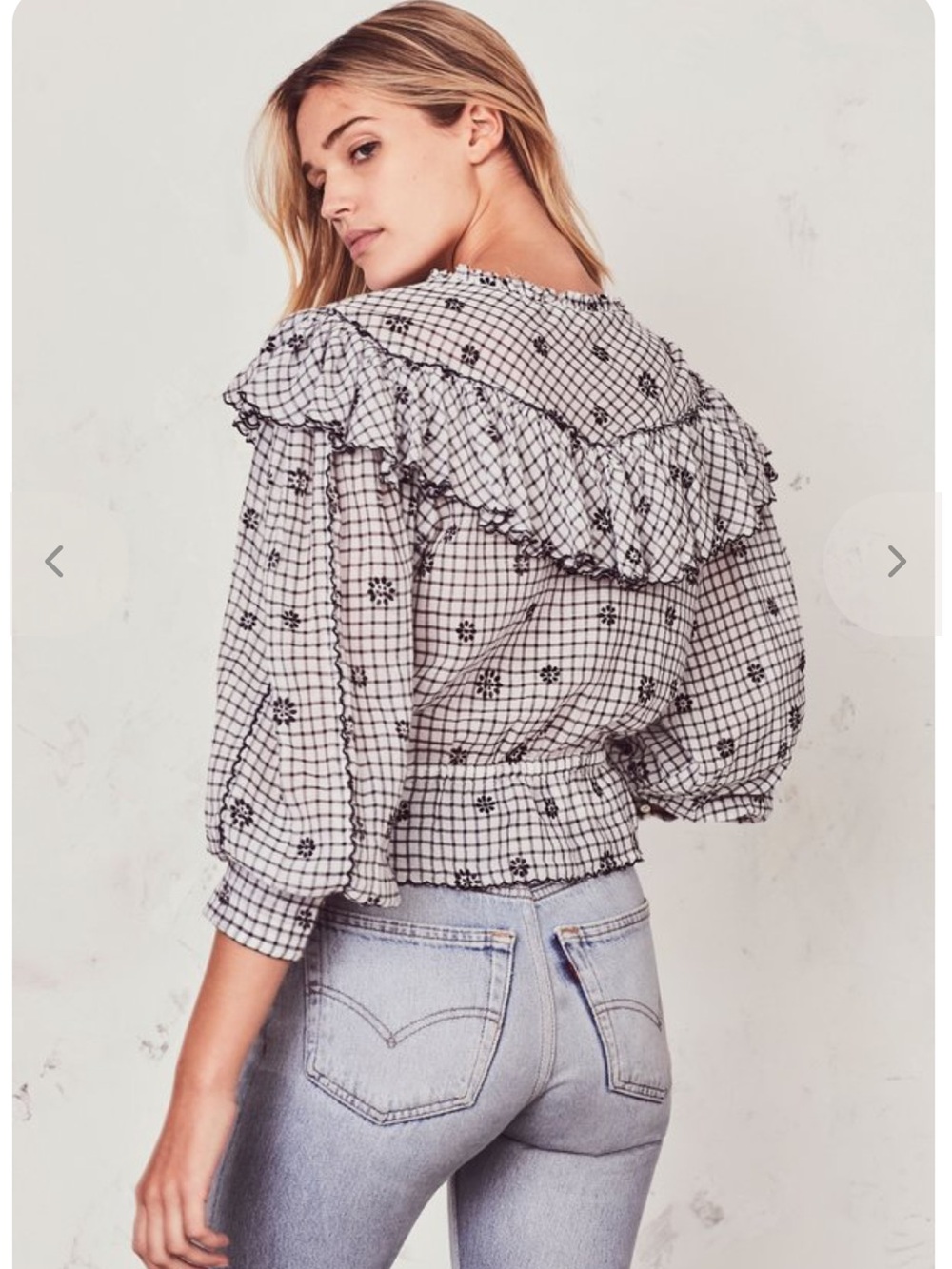LoveShackFancy Suzanne Black & White Ruffled Check Peasant Blouse